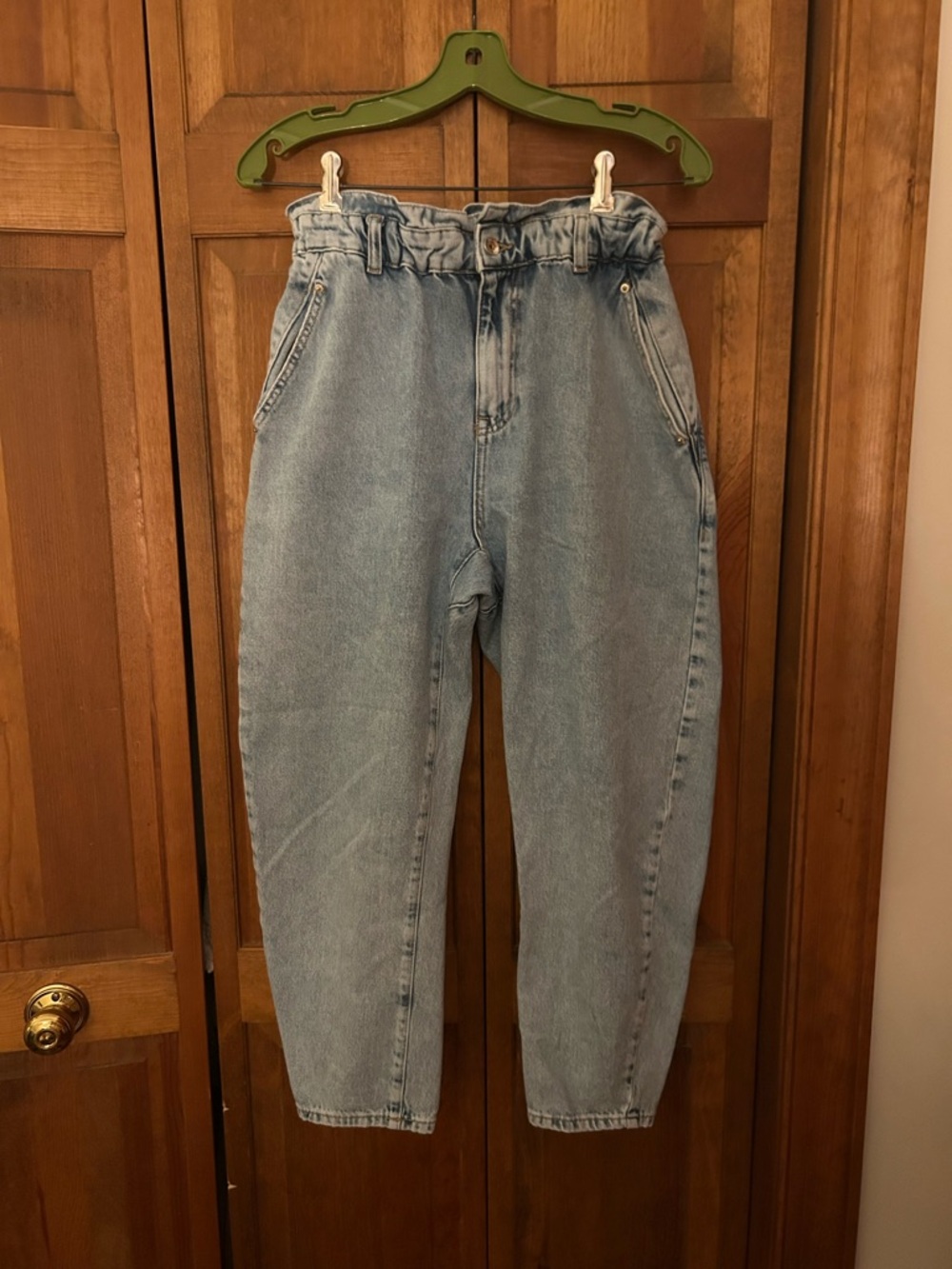 Zara Women’s Sz 6 Blue Cotton Wesern Barrel Leg Jeans W/ Paper Bag Waist